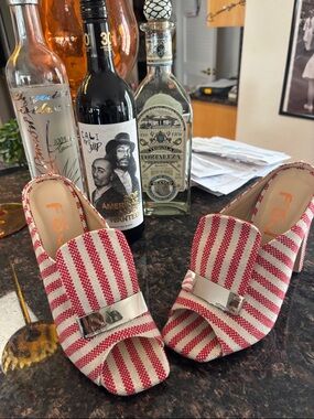 MSHANYING "Red and White Striped Slip-On Loafers with Silver Accent